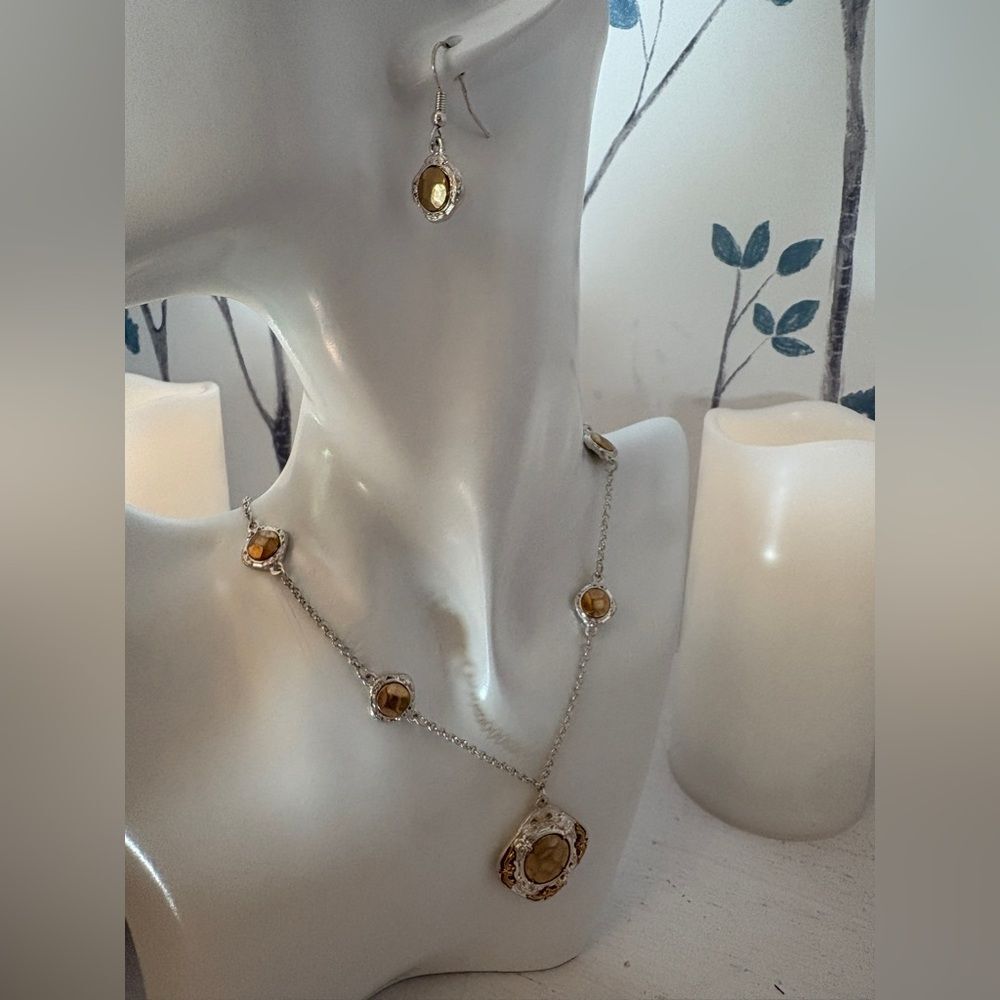 Silver and Gold Necklace W/ Matching Earrings 22”